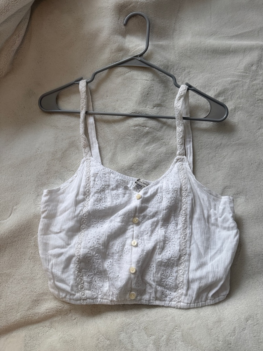 American Eagle White Button-Front Eyelet Crop Tank Top